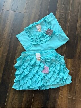 Lemon Loves Lime Girls Aqua Ruffle Top and Skirt Matching Set